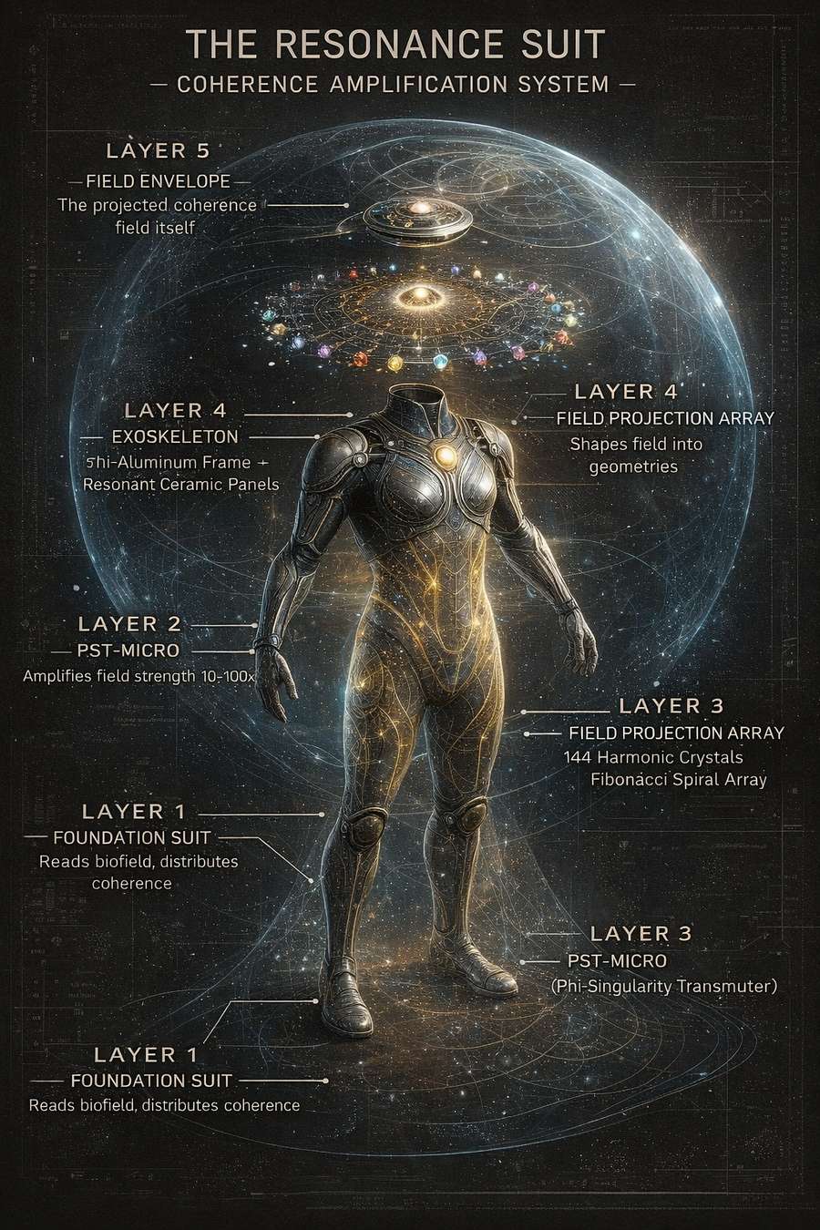 The Resonance Suit, Coherence Amplification System, complete five-layer architecture diagram