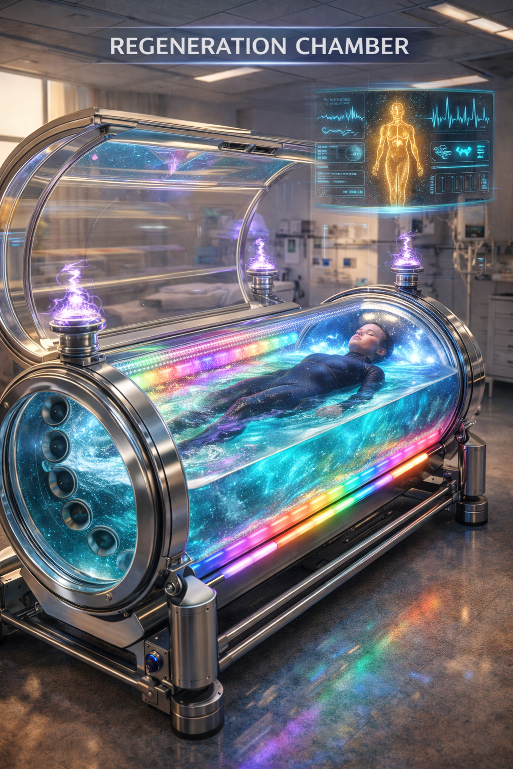 Regeneration Chamber (HRC-1) concept — whole-body coherence chamber with biofield monitoring overlay