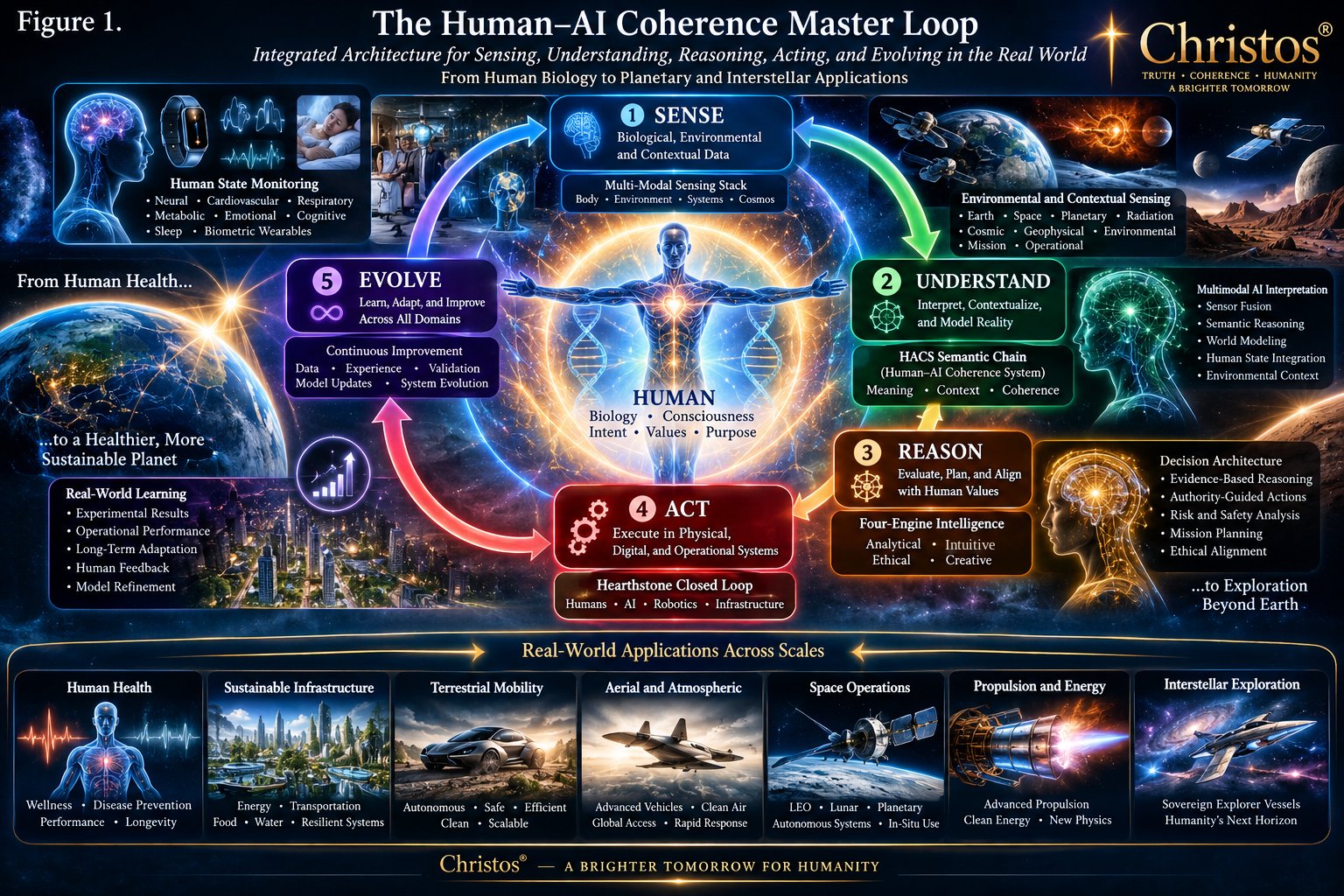 Circular diagram of the Human-AI Coherence Master Loop: Sense, Understand, Reason, Act, and Evolve around a central human figure, with application domains from health to space along the bottom.