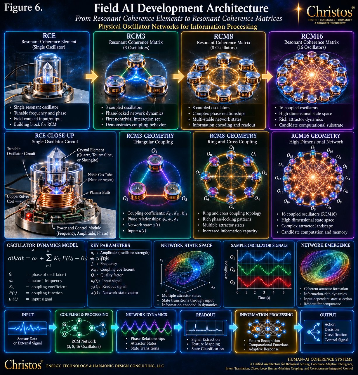 Development path of Field AI hardware from a single resonant coherence element to three, eight, and sixteen coupled oscillator matrices, with the oscillator dynamics model and the input-to-output processing flow.