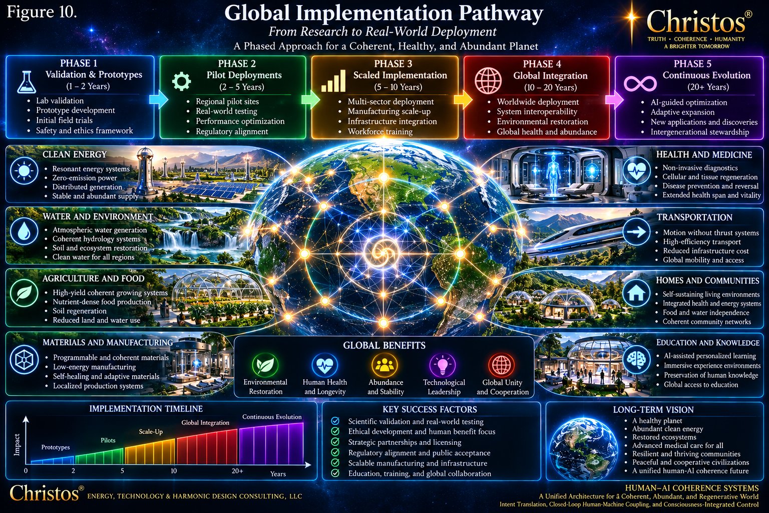 Five-phase global implementation pathway from validation and prototypes to continuous evolution, around a globe network, with domains such as energy, water, health, transportation, and education.