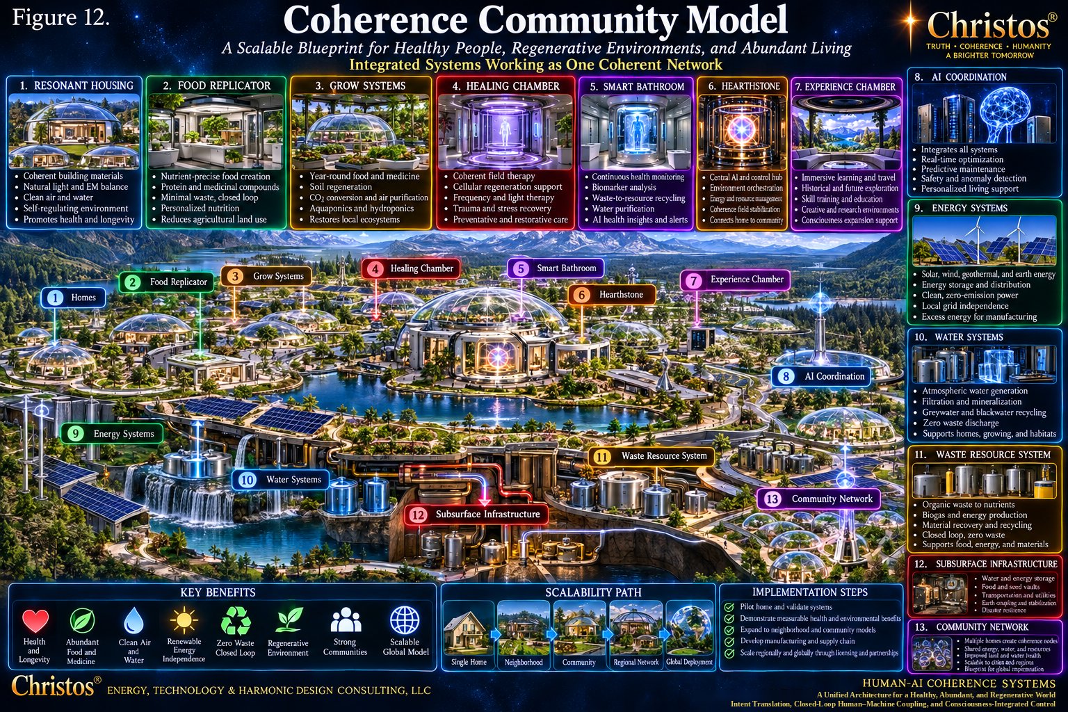 Aerial view of a coherence community of domed homes and shared systems, with numbered subsystem labels, key benefits, a scalability path, and implementation steps.
