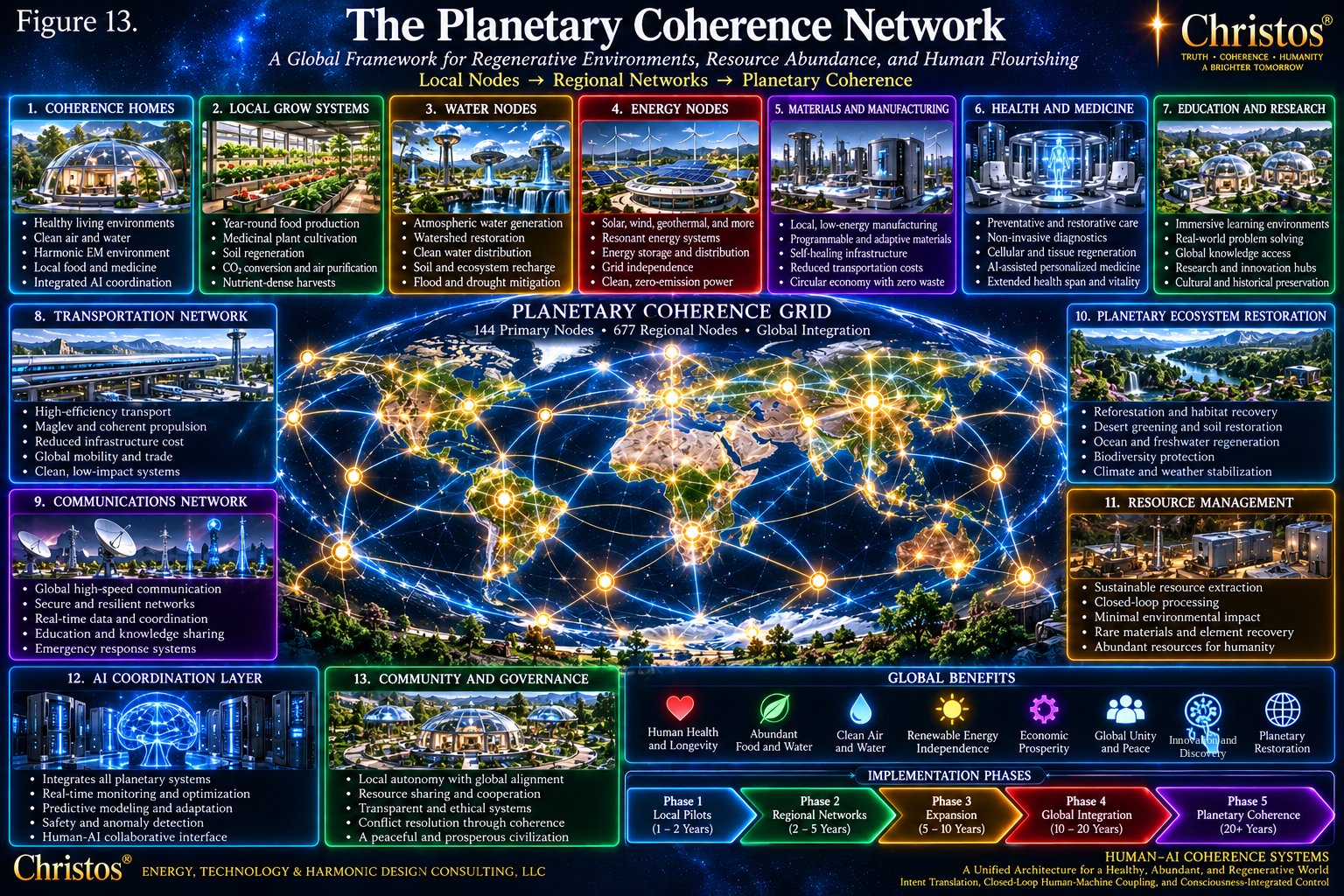 World map of a proposed planetary coherence grid of primary and regional nodes, surrounded by thirteen system domains, global benefits, and five implementation phases.