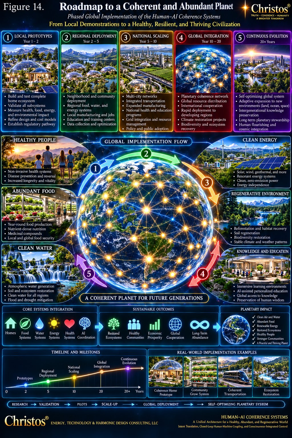 Five-stage roadmap from local prototypes to continuous evolution around a globe, with healthy people, abundant food, clean water, clean energy, regenerative environment, and knowledge outcomes.