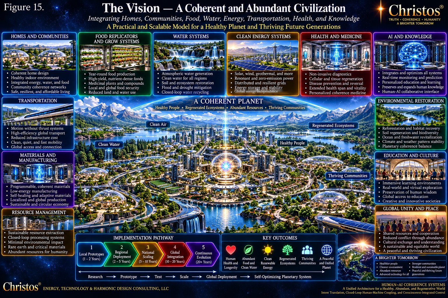 Illustrated vision of a coherent and abundant civilization with homes, food, water, energy, health, AI, transportation, and restoration panels around a central city.