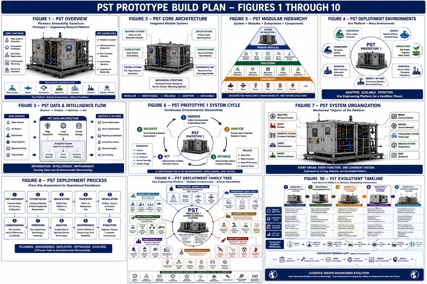 PST Prototype Build Plan — Figures 1 through 10: overview, core architecture, modular hierarchy, deployment environments, data and intelligence flow, system cycle, system organization, deployment process, deployment family tree, and evolution timeline